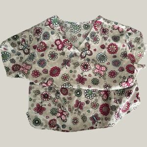 Just Love White Short-Sleeve Scrub Top with Pink & Green Floral Butterfly Print